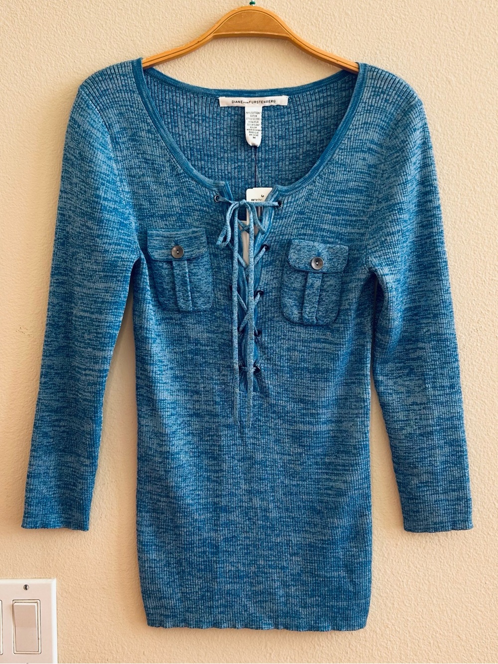 Diane Von Furstenberg NWT Reala Blue Heather Stretch Rib Knit Lace Up Top Medium